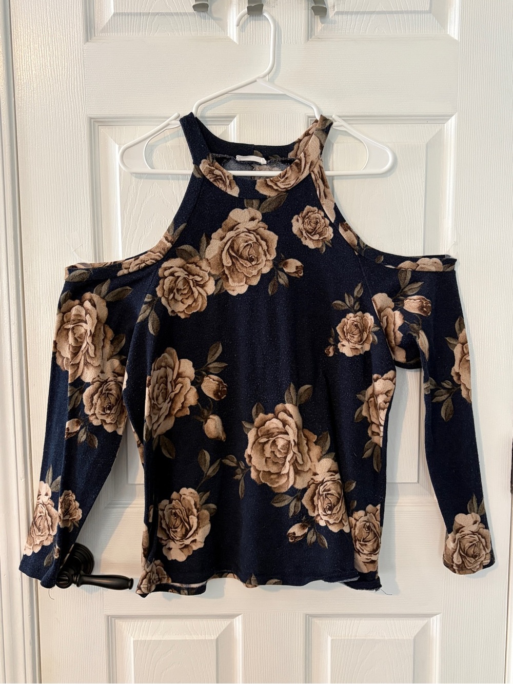 Off-the-Shoulder Floral Sweater with Beige Roses